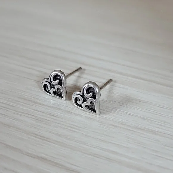 Sterling Silver Dainty Heart Stud Earrings, S925 - Picture 5 of 6